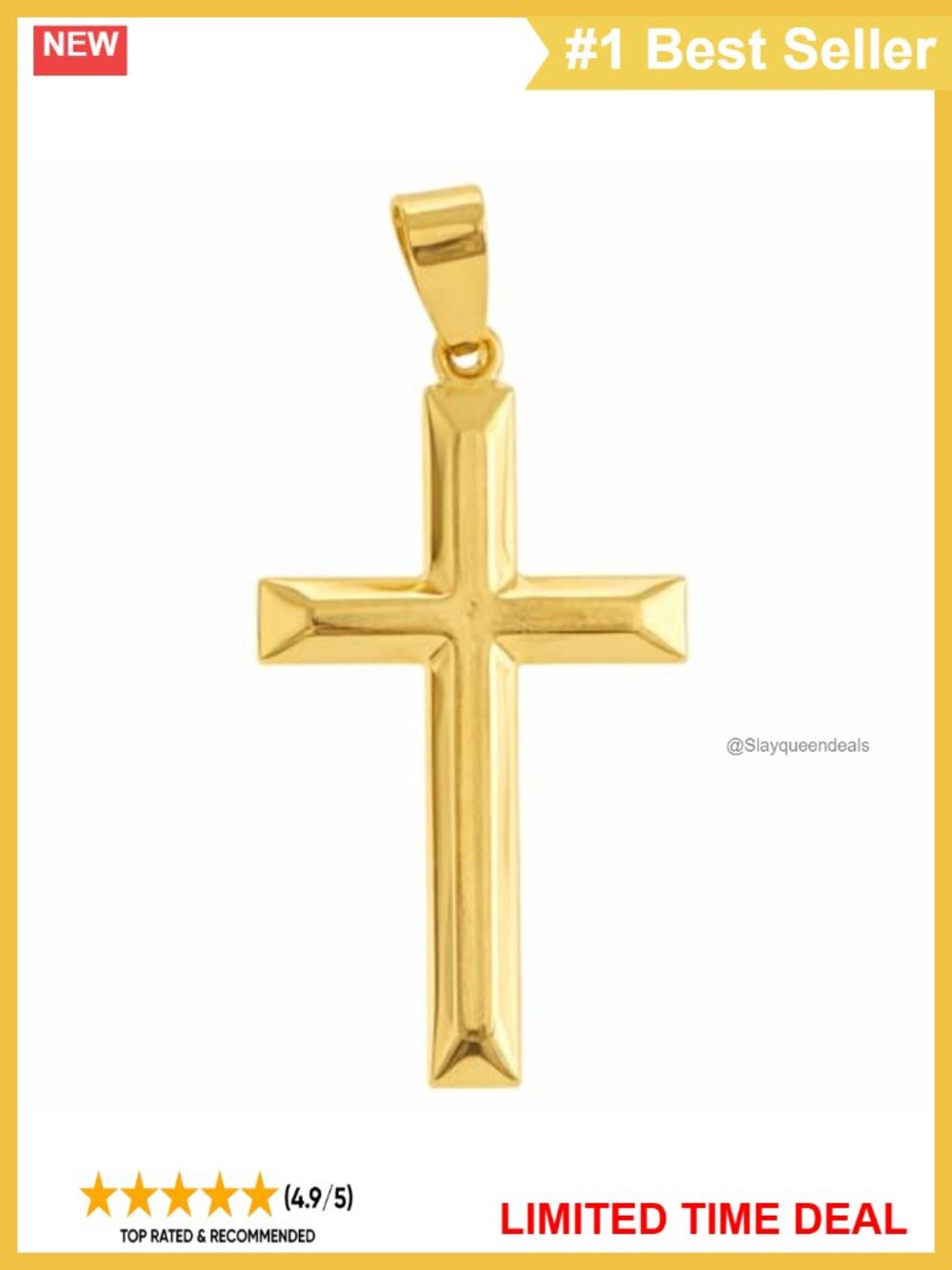 14K Gold Beveled Cross Pendant 34mm Satin Finish Religious Necklace